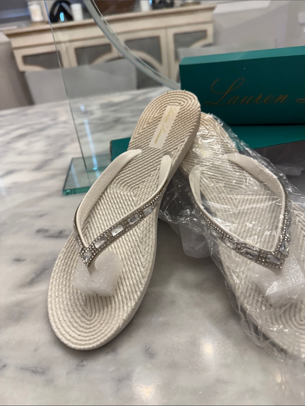 Lauren Lorraine Ivory Rhinestone Thong Sandals